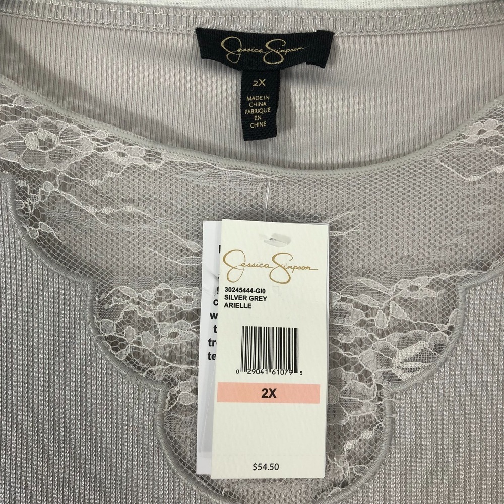 Jessica Simpson Blouse Women's Size 2X Silver Grey Metallic Lace Trim Ribbed Top - Picture 3 of 12